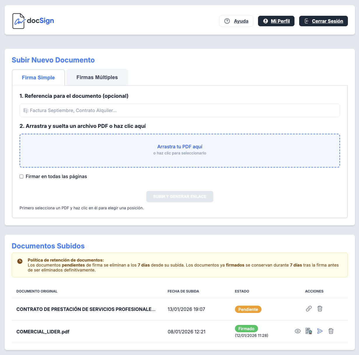 Panel de control de docSign