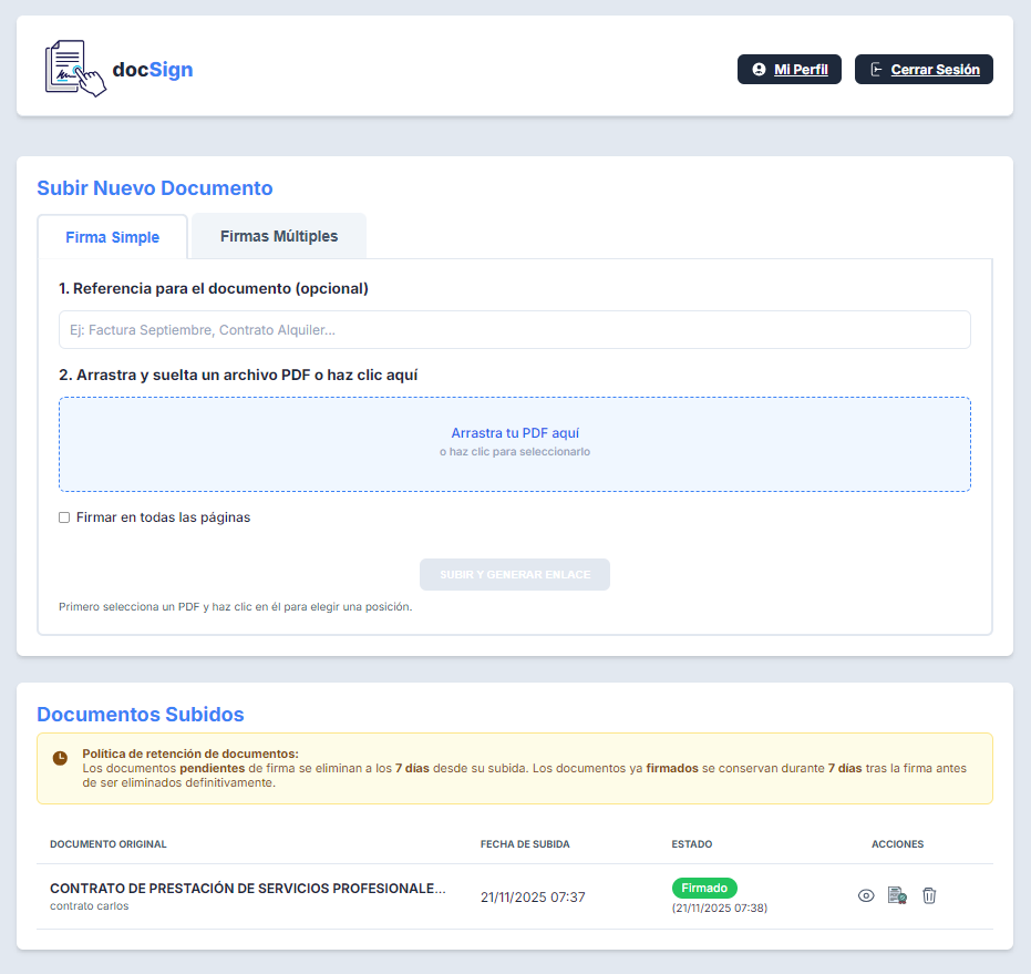Plataforma de docSign mostrando un panel de control para firmar documentos online