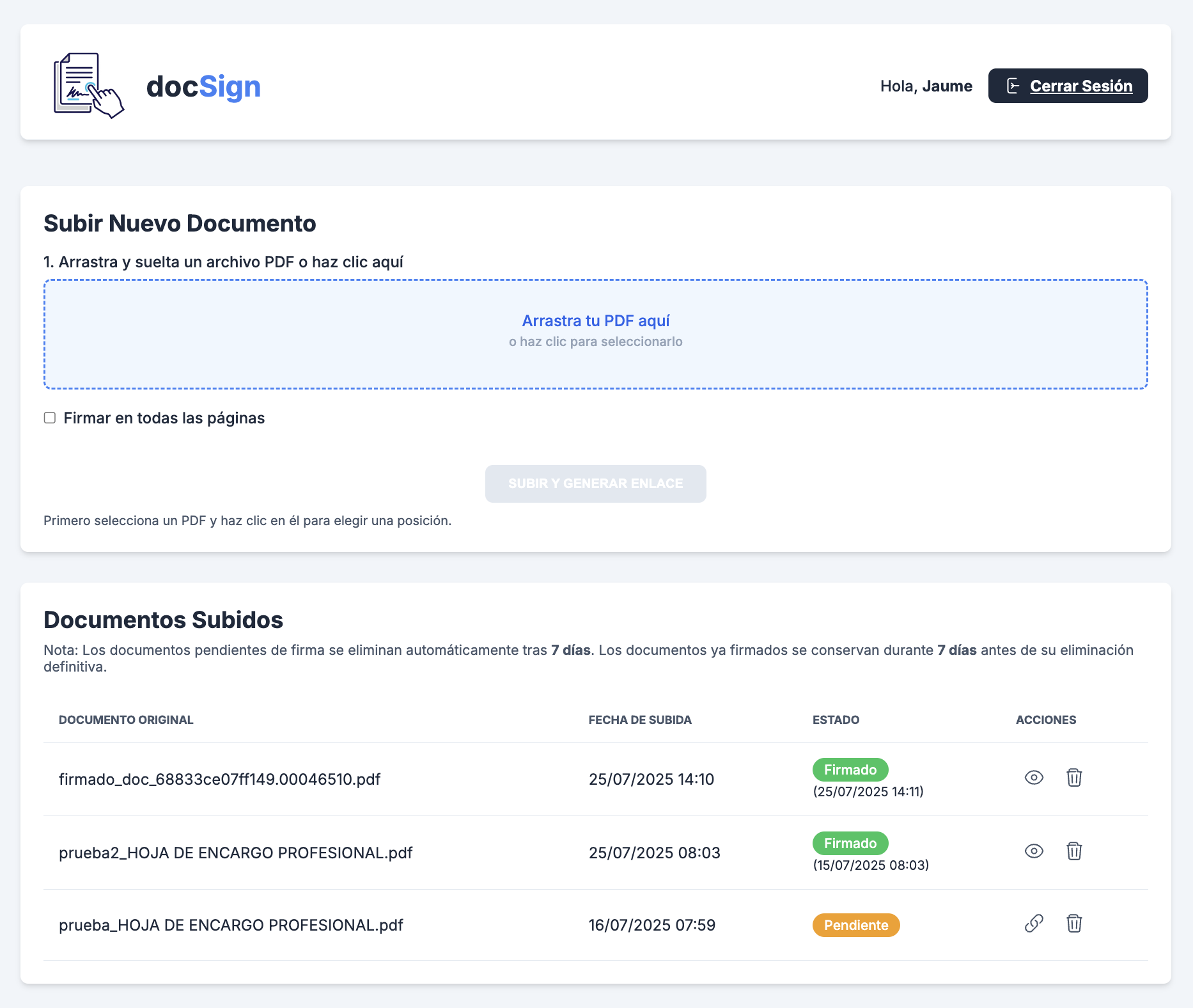Plataforma de docSign mostrando un panel de control para firmar documentos online